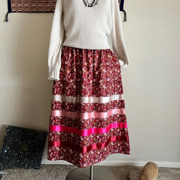 Handmade Dresses & Skirts - Floral Patterned Ribbon Skirt with Pink and Red Accents Ribbons